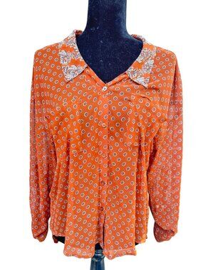 Free People Orange Button-Up Blouse Small Floral Collar Long Sleeves